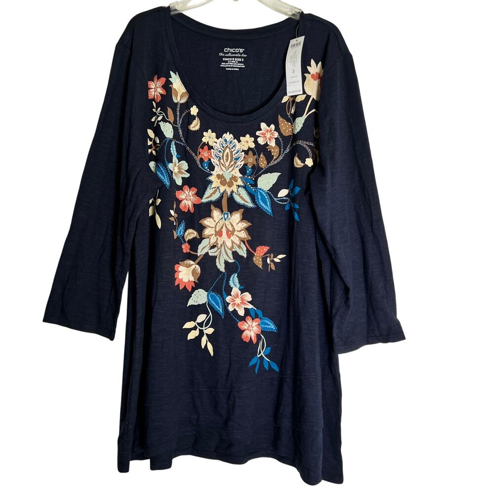Chico's Navy Floral Embroidered Tunic